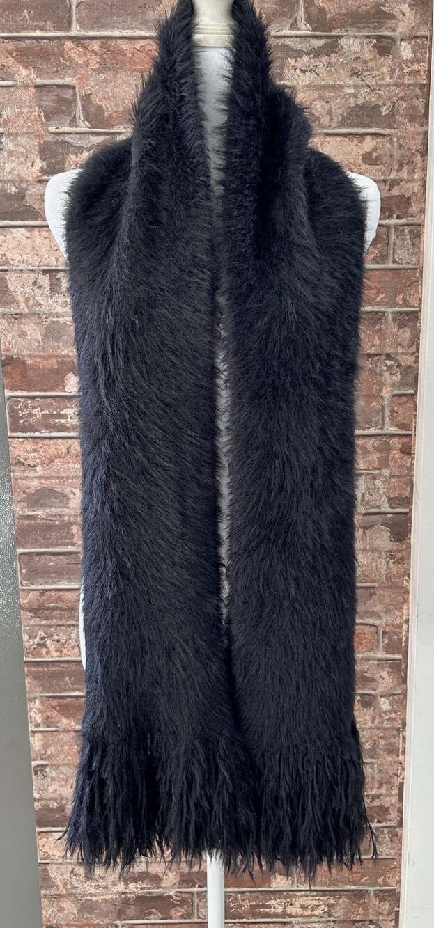 Black Fuzzy Faux Fur Long Shaggy Fringe Scarf Winter Goth Glam Mob Wives